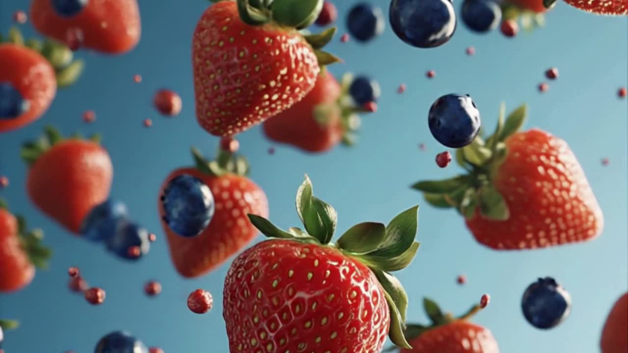 Strawberries and blueberries floating through the air, from the original YOGART Canva design