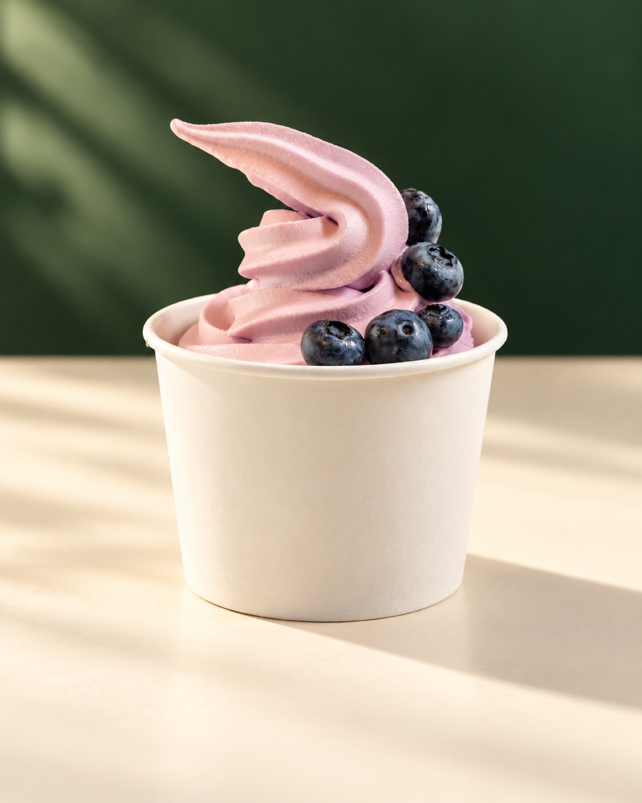 YOGART taro frozen yogurt with blueberries, photographed on a cream and green set